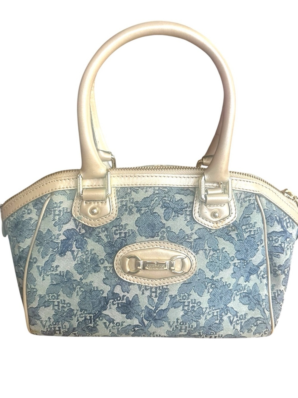 Victor Hugo Blue Floral Tapestry Satchel Champagne Top Handle Bag